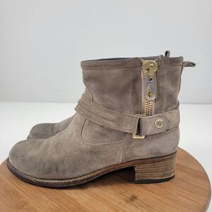 Russell & Bromley Tan Suede Moto Ankle Boots Side Zip Up Womens US 9.5 EU 40.5